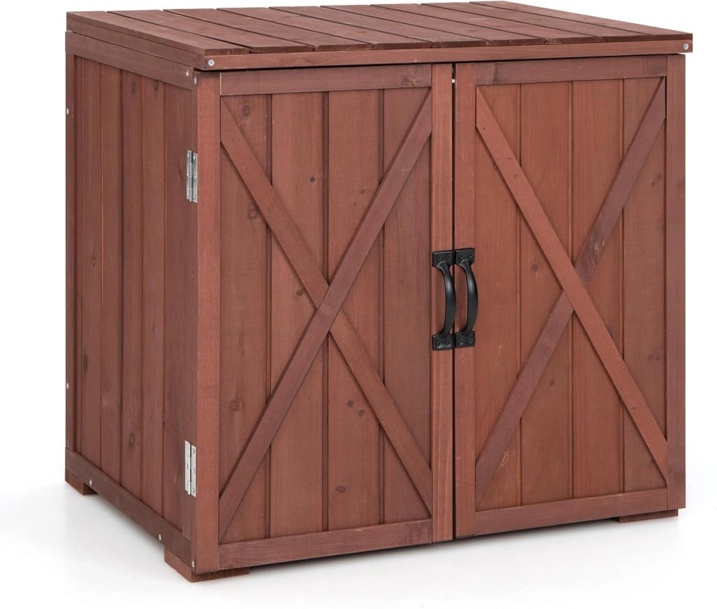 Armadietto da giardino con doppie ante e maniglie, armadietto per esterni, resistente alle intemperie, in legno, 77 x 56 x 72 cm