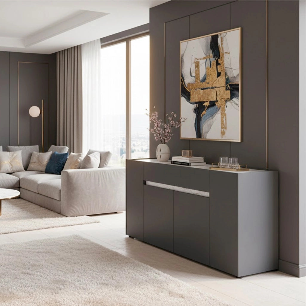 Credenza Moderna Madia Con 4 Ante E 1 Cassetto Mobile Contenitore Per Sala Da Pranzo Soggiorno Design Senza Maniglie Elegante Capiente 170 X 85 X 40 Cm Grigio Scuro E Bianco Effetto Marmo