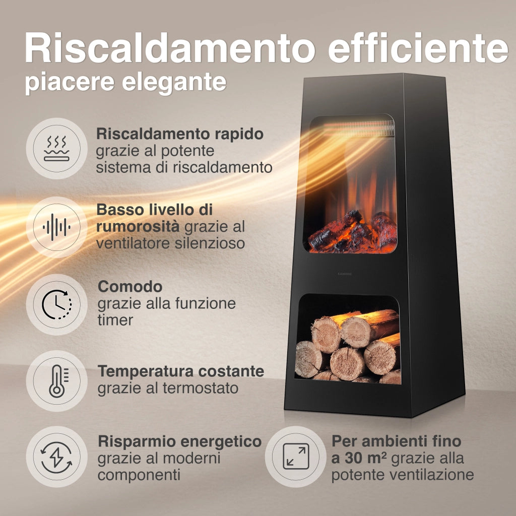 KAMINIO Caminetto elettrico da giardino KAI L - Stufa de terrazzo  elettrico con riscaldamento, effetto fiamma 3D, luce ambiente a LED, scomparto de legno, telecomando - Large, Nero