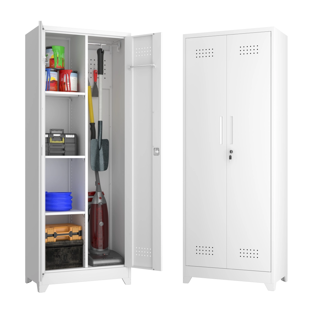 ARMADIO 165 cm in metallo bianco con ripiani regolabili e asta appendiabiti