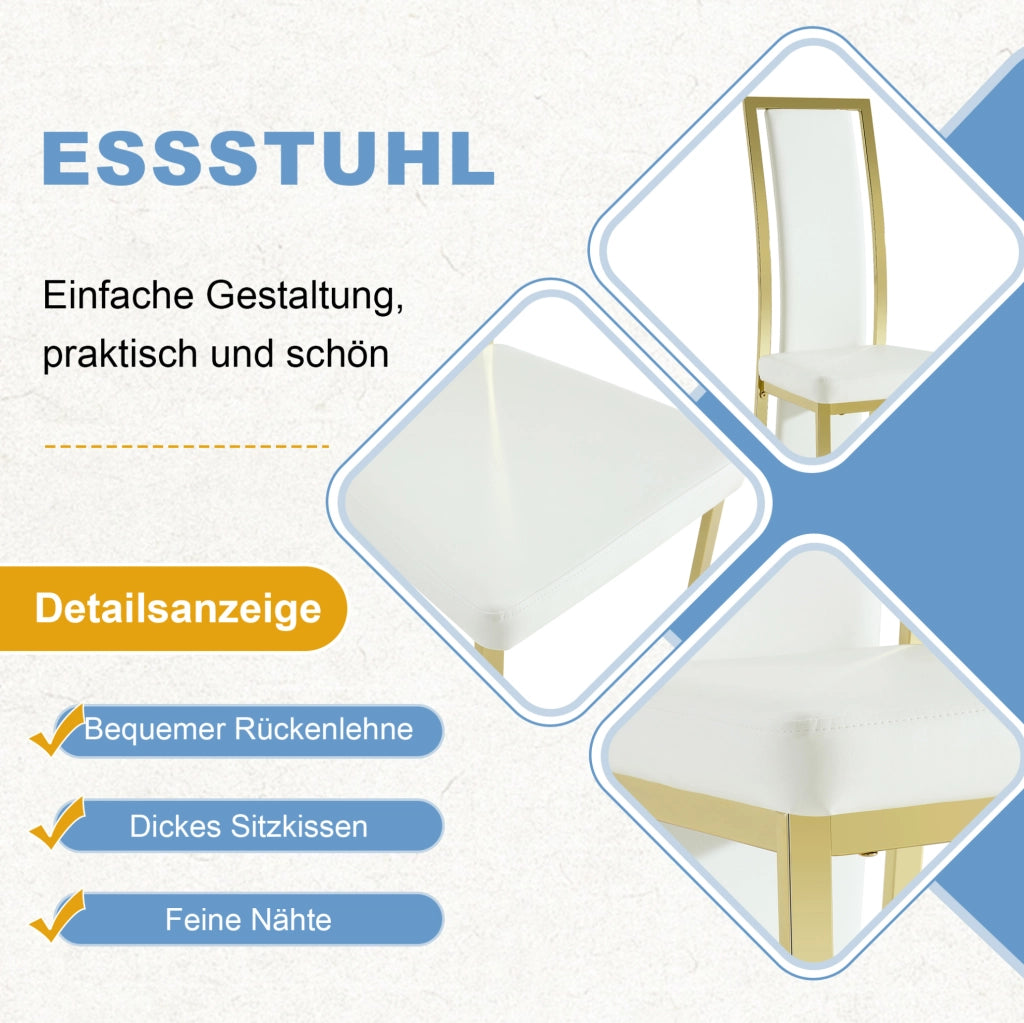 Set 4 sedie da pranzo moderne con bordo oro; 109 cm; in PU bianco e metallo dorato