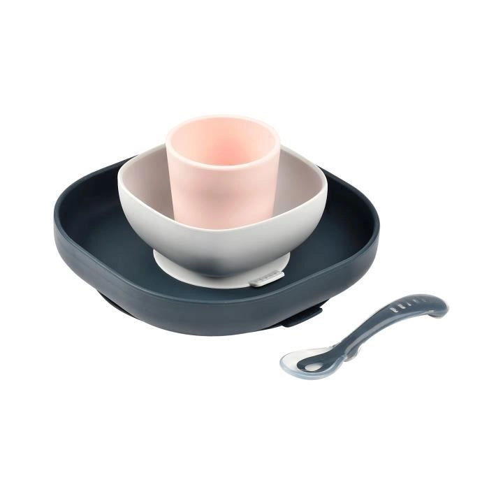 BEABA, Portapasto in Silicone per Bambini, Con Ventosa, Antiscivolo, 4 Pezzi, Piatto + Ciotola + Bicchiere + Cucchiaio, Blu Notte