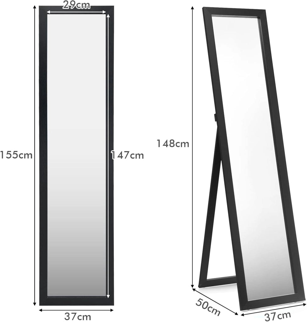 Specchiera da Terra Autoportante a Figura Intera, Specchio Rettangolare, in Legno (Nero)