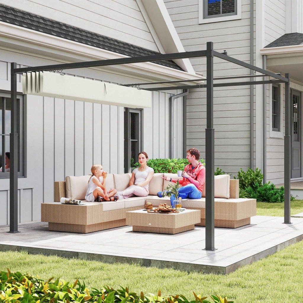 Pergola da giardino 3x3 m con tetto retrattile ¨C zephmum ¨C crema, metallo