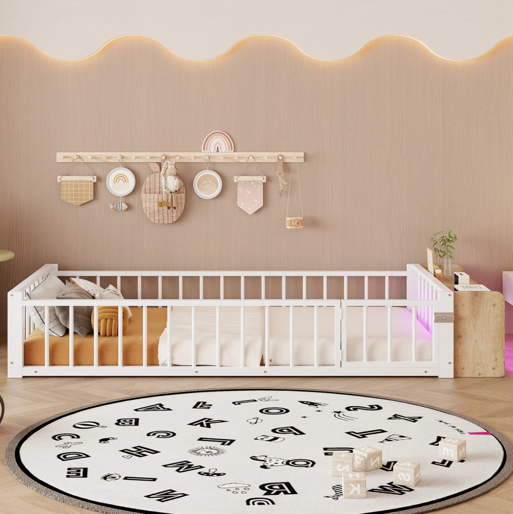 Letto 90x200 cm con sponda; vano portaoggetti e LED in MDF e metallo bianco