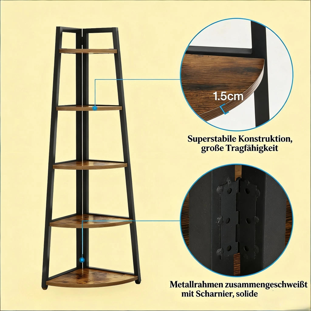 Scaffale angolare a 5 ripiani in metallo e legno, nero o marrone rustico