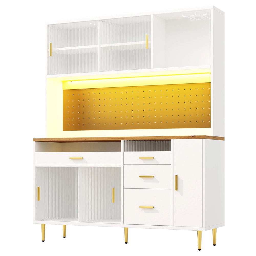 Armadio alto per soggiorno - Xylo - 145x24x171 cm - Bianco - Illuminazione LED, scaffali perforati