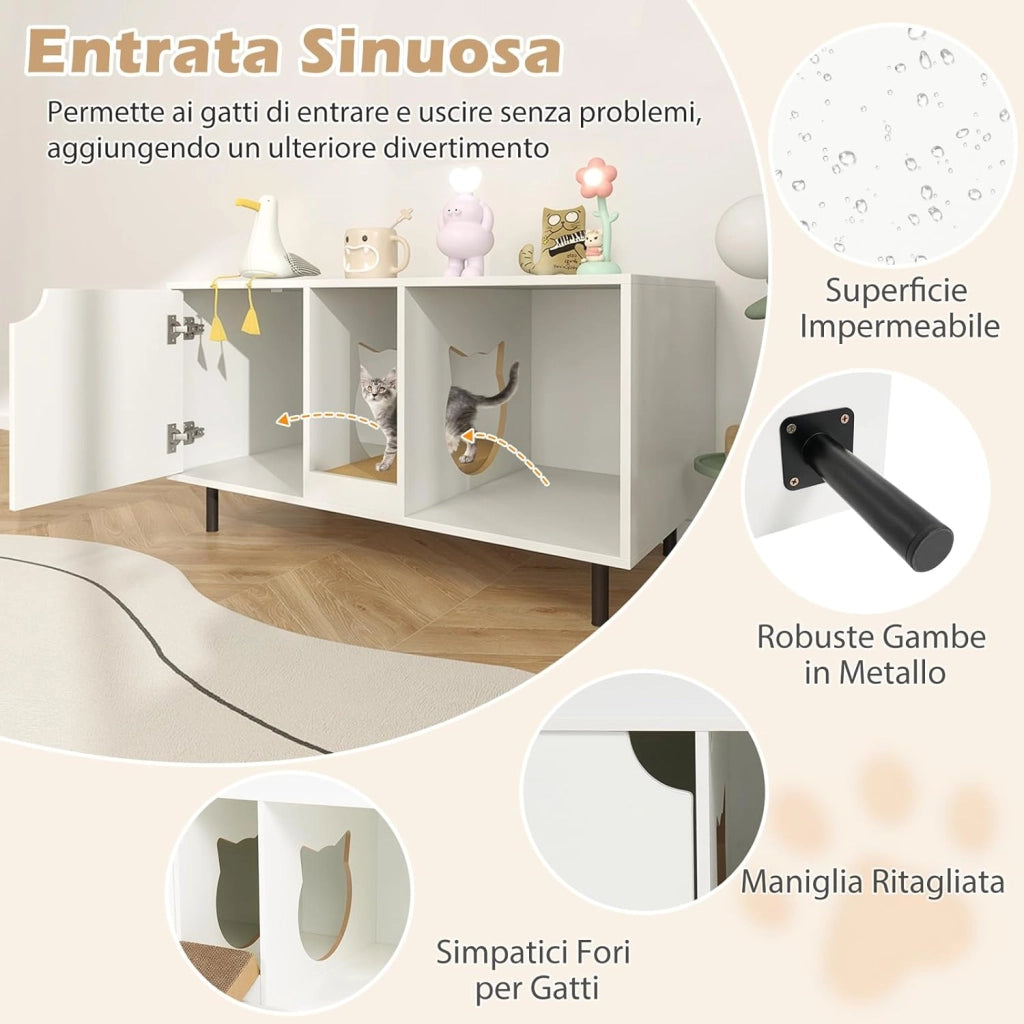 Lettiera Nascosto, Mobile Laterale in Legno con Ingresso a Forma di Testa di Gatto, Pannello Grattugia Rimovibile e Gambe in Metallo, Tavolino per Animali Domestici, Bianco, Portata di 120 kg