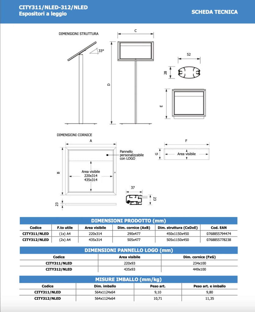 Leggio Menu per esterni Led Nero Ristoranti Alberghi Bed and Breakfast - 2 x A4 LED