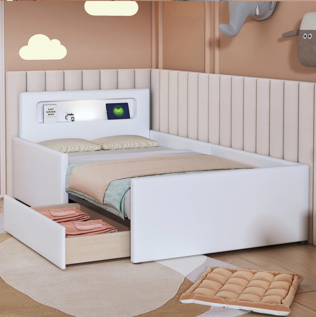 Letto imbottito bambini 90x200 cm; USB e luce notturna; cassetti; pelle sintetica; bianco