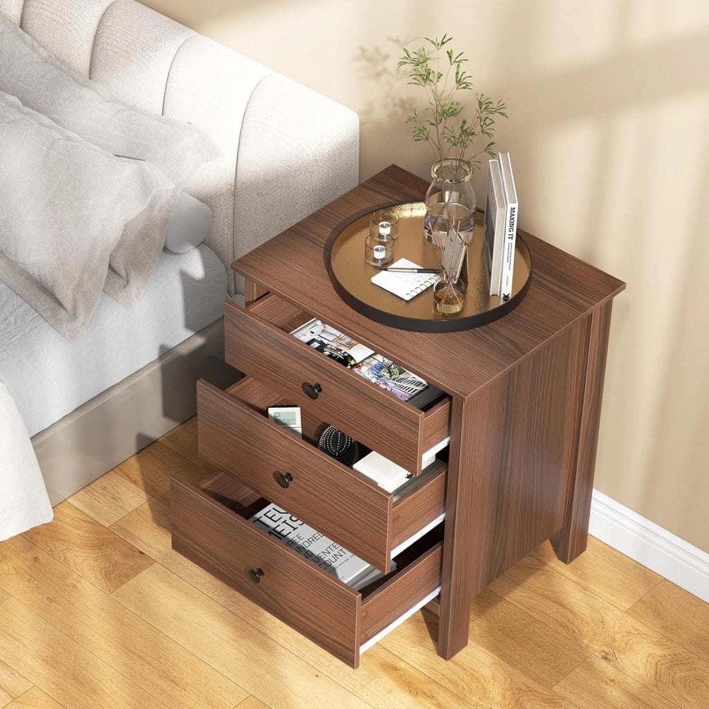 Comodino in legno rosso-marrone, credenza piccola con 3 cassetti, cassettiera autoportante, cassettiera moderna in legno, 56 x 45 x 66 cm