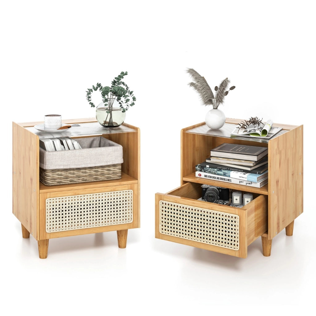 Comodino in bamb¨´ e rattan con cassetto e gambe in legno massello, Tavolino da salotto boho 43x35x50cm Naturale 2 Pezzi-Comodini