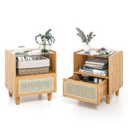 Comodino in bamb¨´ e rattan con cassetto e gambe in legno massello, Tavolino da salotto boho 43x35x50cm Naturale 2 Pezzi-Comodini