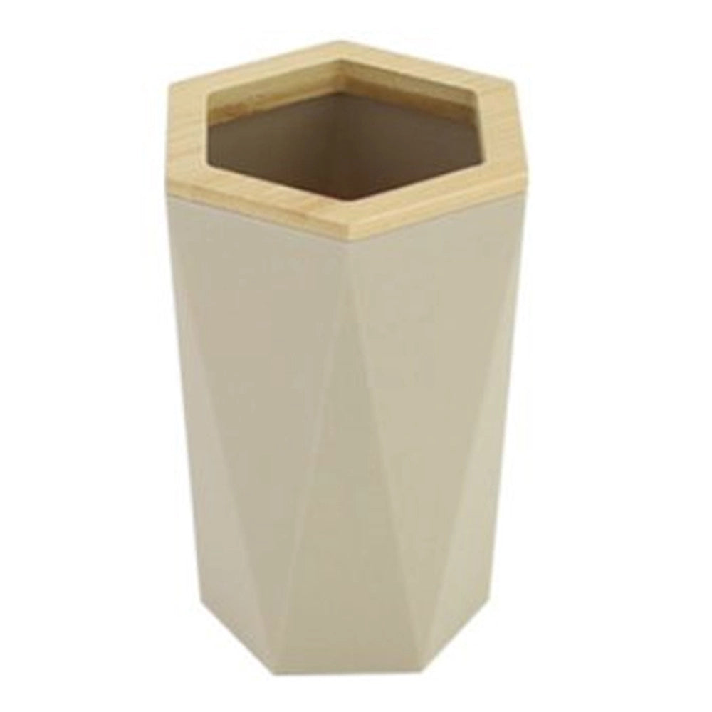 Trade Shop - Bicchiere Porta Spazzolini A Cilindro Esagonale Geometrico Beige Legno Da Bagno 10842 -