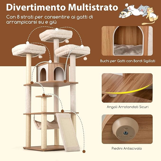 Tiragraffi per Gatti 168 cm, Albero per Animali Domestici con 3 Piattaforme, Condo, Tiragraffi in Sisal, Scala e Palline Appesse, Mobile da Arrampicata con Multi Livelli
