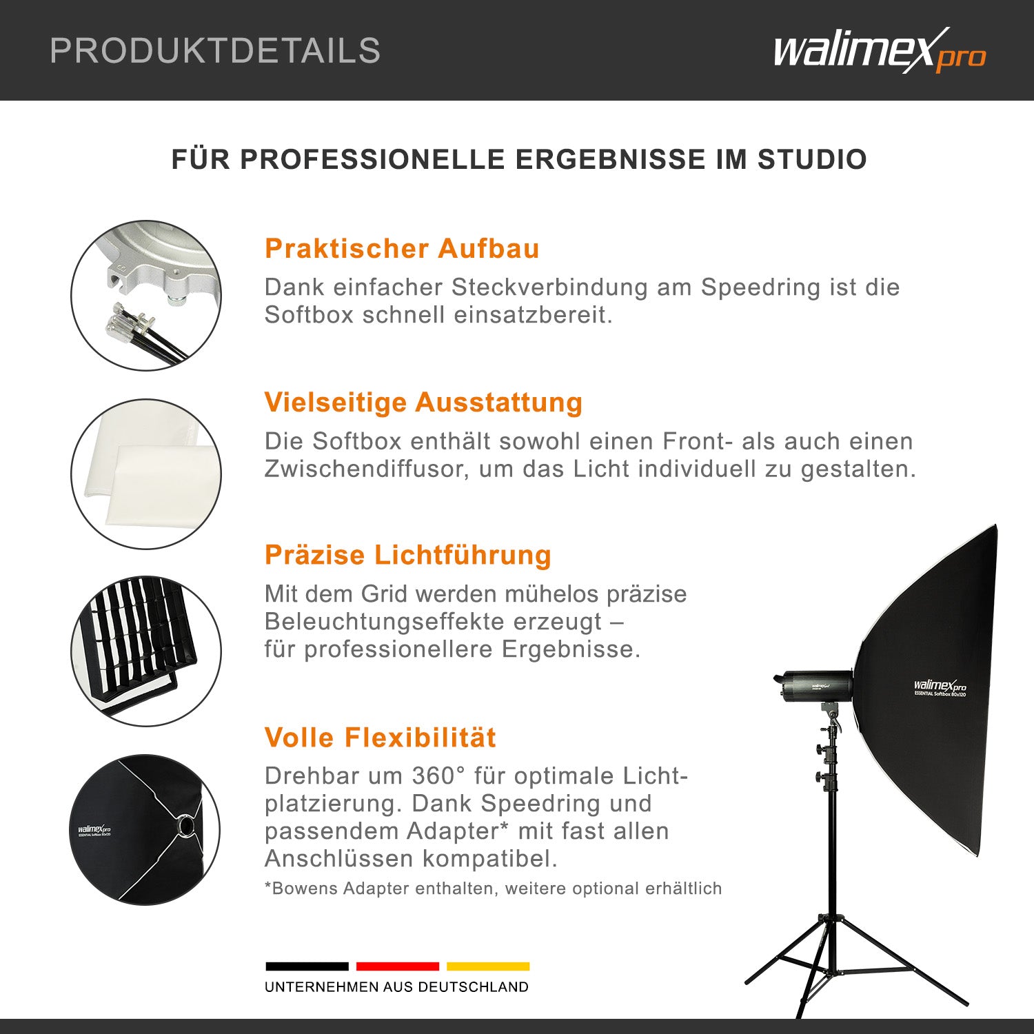 Essential Softbox 80x120cm, girevole a 360°, facile da montare, con griglia, adattatore Bowens e borsa di trasporto, per fotografia prodotti e persone