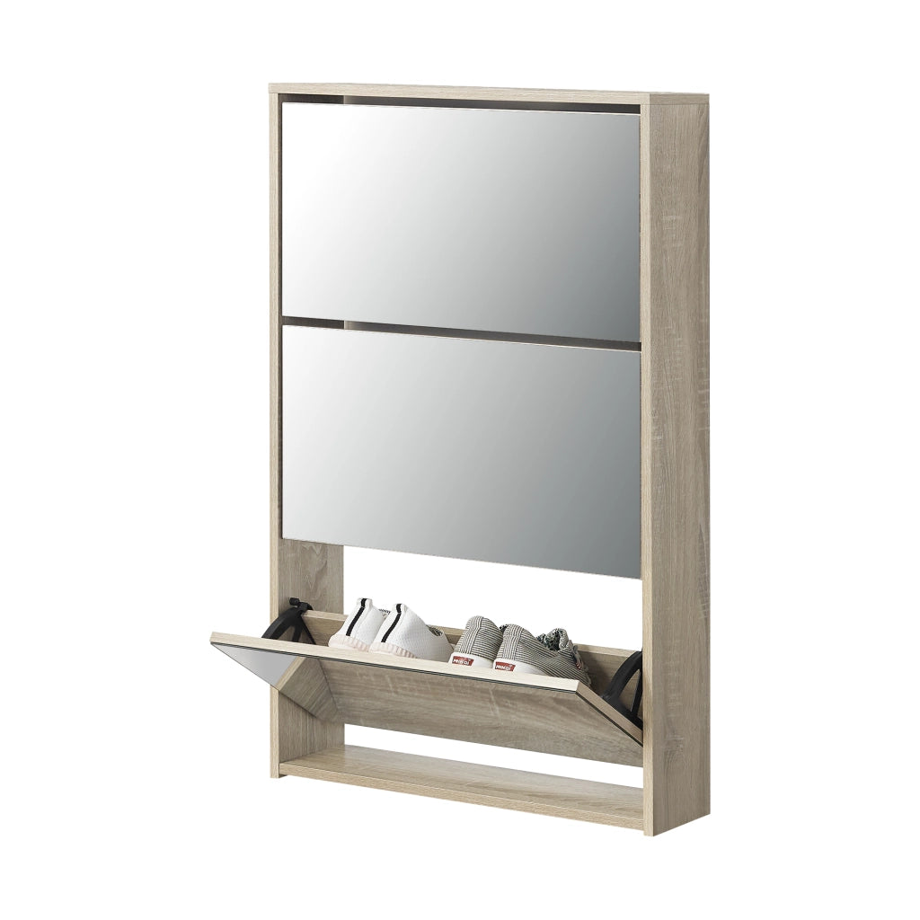 Scarpiera Stretta Lund con Ante a Specchio e 3 Contenitori Ribaltabili - Effetto Rovere Sonoma [en.casa]