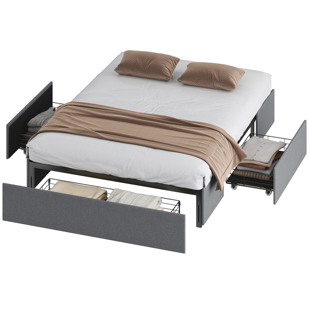 Letto contenitore matrimoniale imbottito con 3 cassetti e rete a doghe ¨C zephmum ¨C grigio 140x190 cm