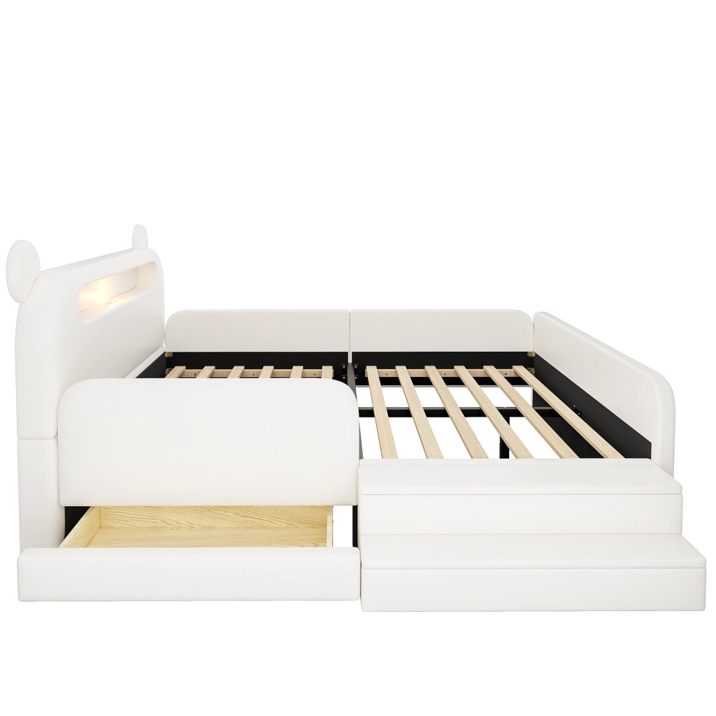 Letto imbottito per bambini con testiera a orso e USB, 140x200 cm, bianco