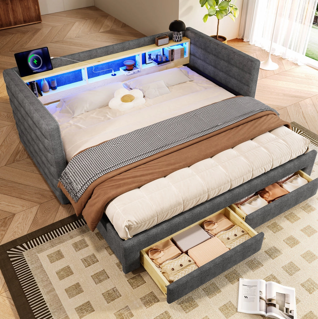 Letto singolo estraibile in velluto grigio 90x190 cm con LED, USB-C e cassetti
