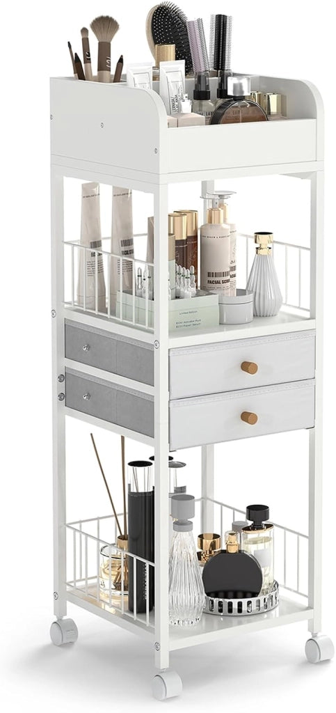 Carrello porta trucchi, organizer per cosmetici con cassetti, ruote e ripiani, carrello multiuso per prodotti per la cura della pelle, smalti per unghie, profumi, bianco 30 x 30 x 90 cm