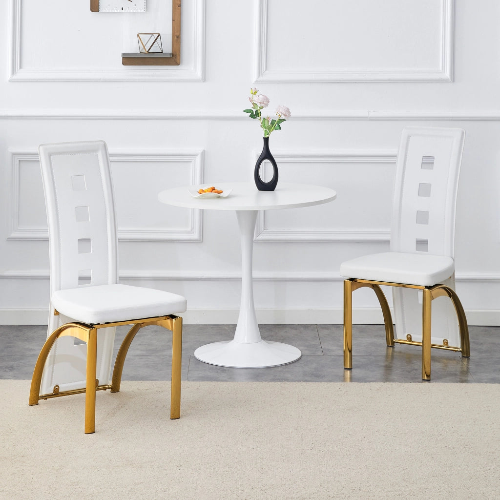 Sedia da sala da pranzo set 2 in pelle PU con schienale traforato e gambe in metallo bianco e oro per soggiorno moderno