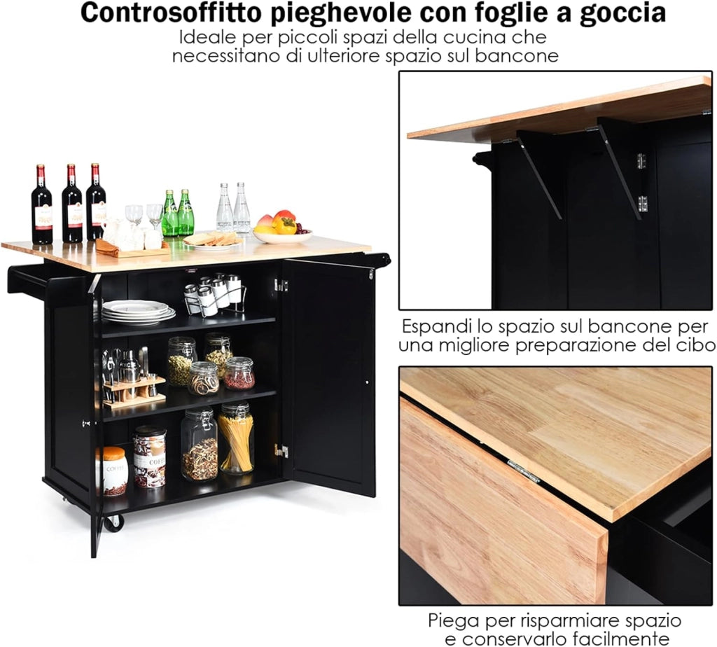 Carrello da Cucina in Legno, Credenza Cucina Salvaspazio con Mensole Regolabili, Armadietto per Microonde con Cassetti, 136 x 76 x 91 cm (Nero)