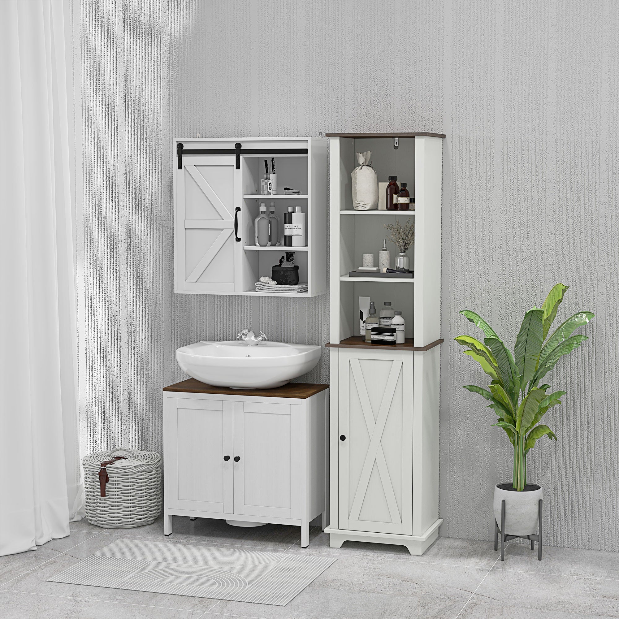 Mobile Sotto Lavabo Bagno 60x30x60 cm con Ripiano Interno Regolabile in Legno Bianco e color Noce