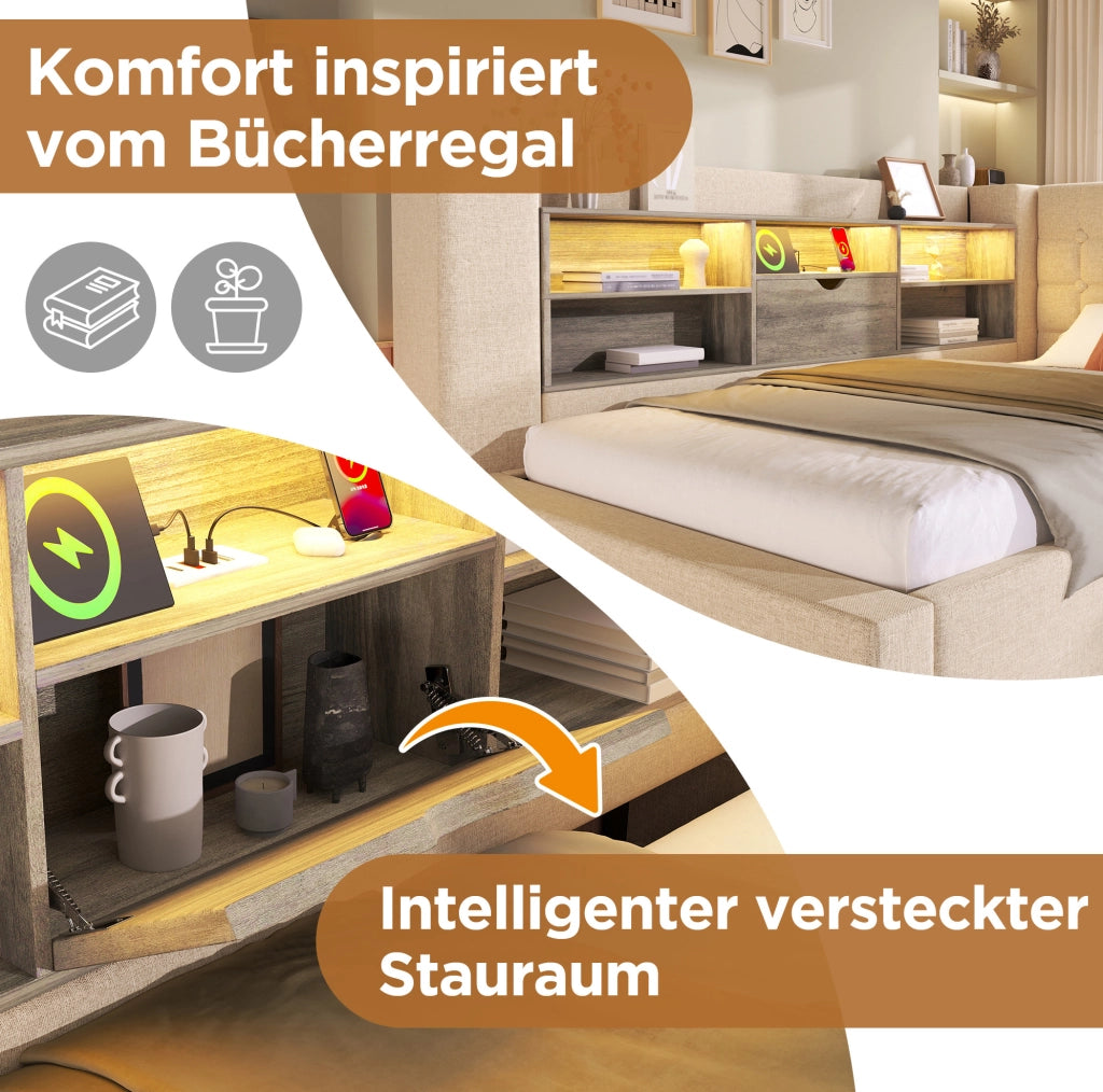 Letto imbottito con LED e vano contenitore
