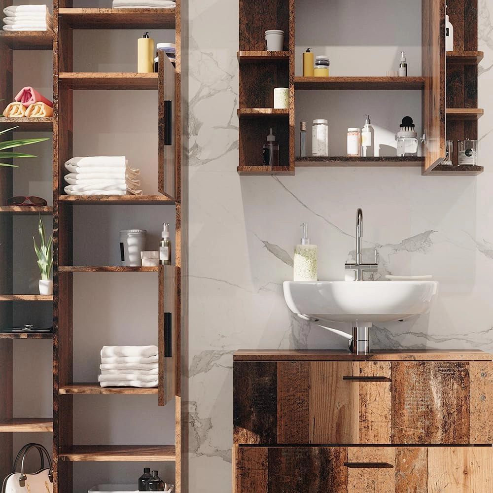Set di mobili da bagno Ilias, Rovere rustico, 80.2 cm, composto da mobile sottolavabo, specchiera e colonna alta