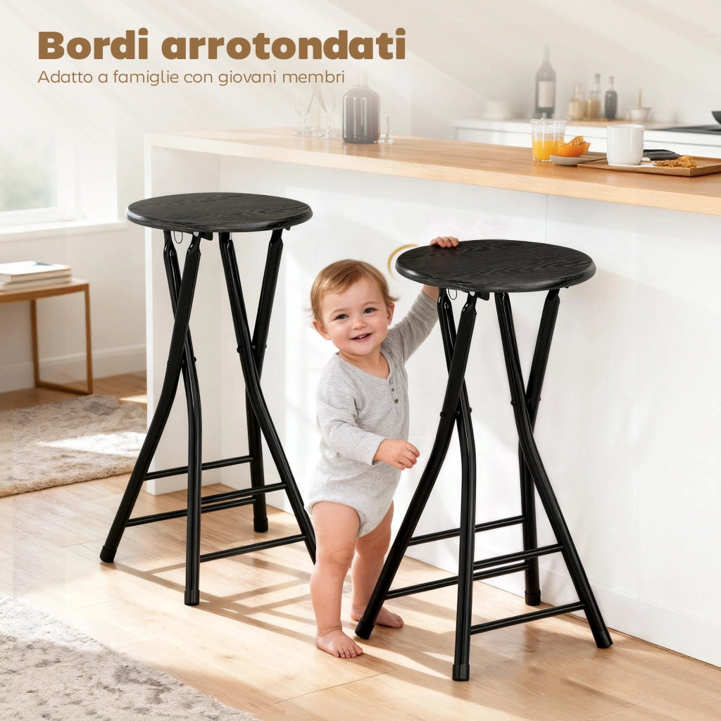 Set 4 Sgabelli Bar Pieghevoli 34x30x70 cm con Doppio Poggiapiedi in Legno e Acciaio Nero