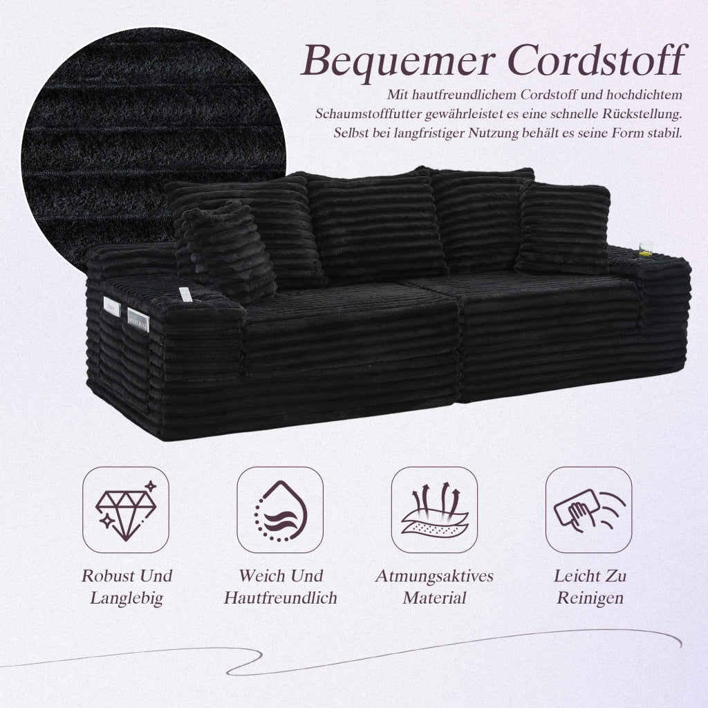 DIVANO LETTO 273x98x87 cm in velluto a coste nero, con tasche laterali e portabicchieri