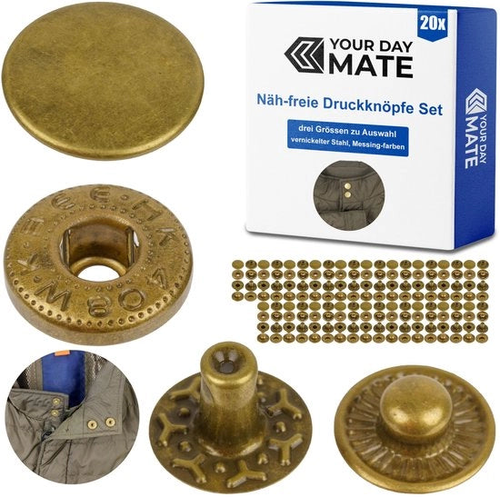 Drukknopen libere, Ø 10 mm, 20 paia, in bronzo, set senza attrezzi, clip per tessuti per fai da te stesso, chiusura a vite per drukknopen, riparazione di chiusure metalliche, accessori di ricambio per cucire chiusure, drukknopen con chiusura a vite.
