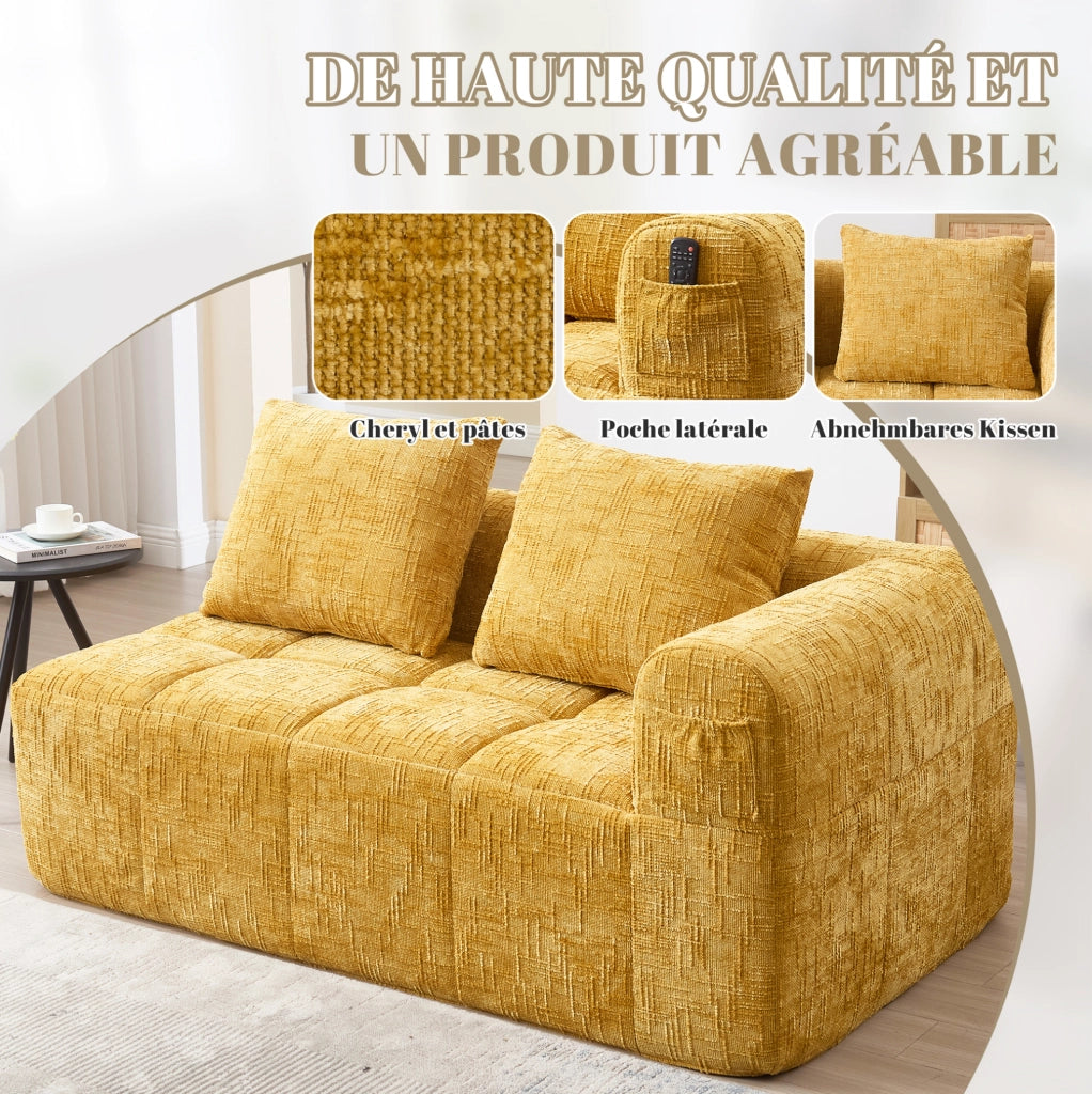 Divano 2 posti in tessuto chenille giallo con chaise longue, cuscino incluso e tasche laterali