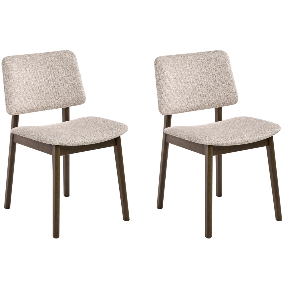 Set di 2 sedie da pranzo marrone scuro e tortora con struttura in legno di gomma e seduta bouclé, design retrò senza braccioli