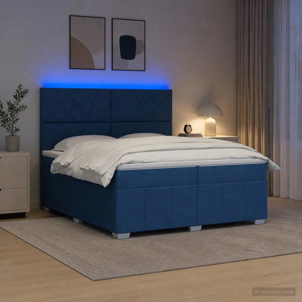 Letto Box Spring LED con Materasso Blu 200 x 200 cm Tessuto 3455695