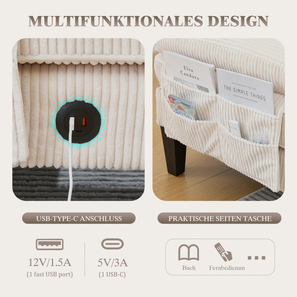 Divano a U 4 posti in corduroy con tasche laterali, schienale ergonomico e seduta imbottita beige 250 × 130 × 88 cm