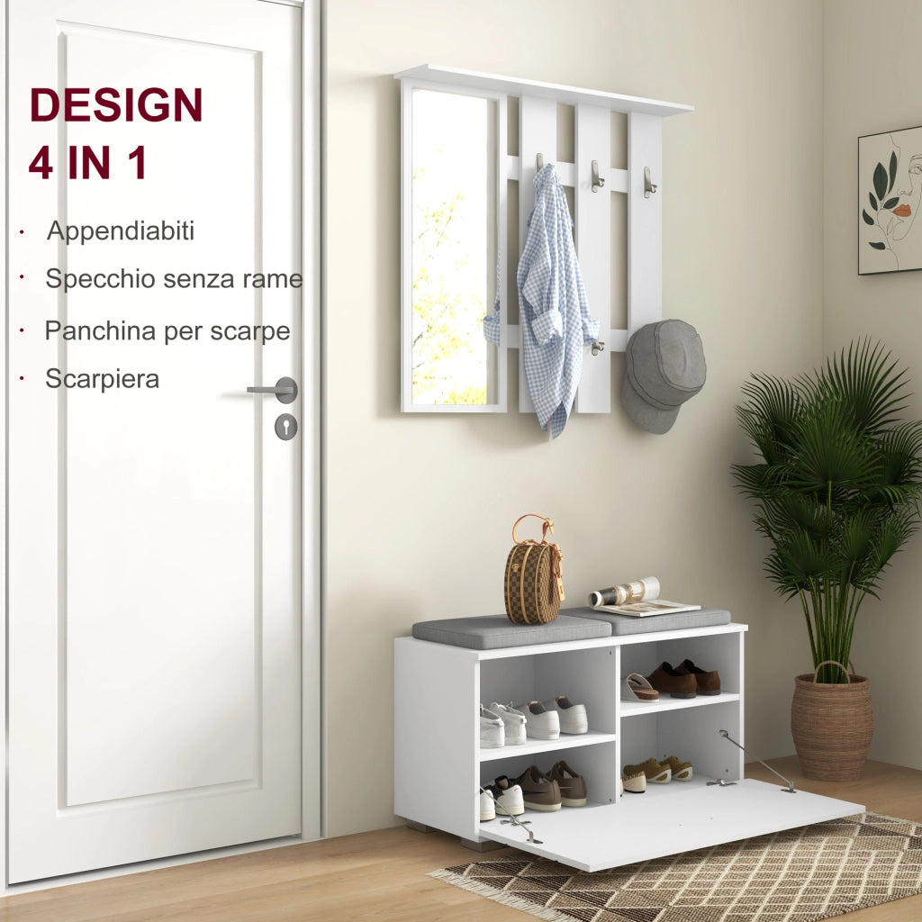 Set Ingresso con Appendiabiti, Specchio, Panca e Scarpiera ¨C Zephmum ¨C Bianco