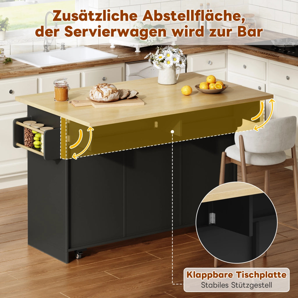 ISOLA CUCINA Pieghevole 120x45(70)x92 cm MDF Nero con ruote