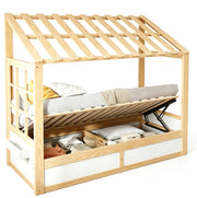 Letto per bambini 90x200 cm con vano idraulico e ripiani laterali; bianco e naturale