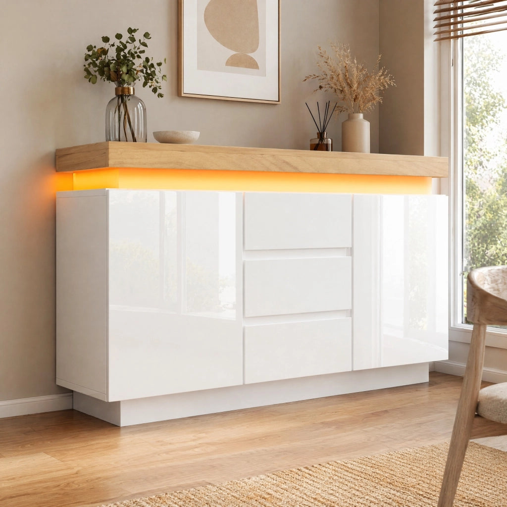 Credenza lucida con 2 ante e 3 cassetti LED controllabile da app per soggiorno e camera bianca 140 × 39 × 81 cm