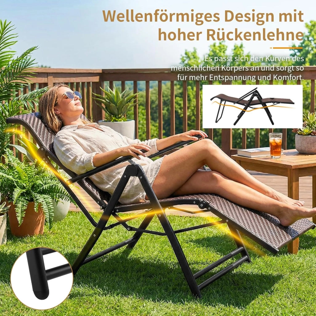 2 sedie a sdraio in rattan con poggiapiedi, sedie pieghevoli resistenti alle intemperie, con schienale regolabile in 7 posizioni, per balcone, giardino e terrazza