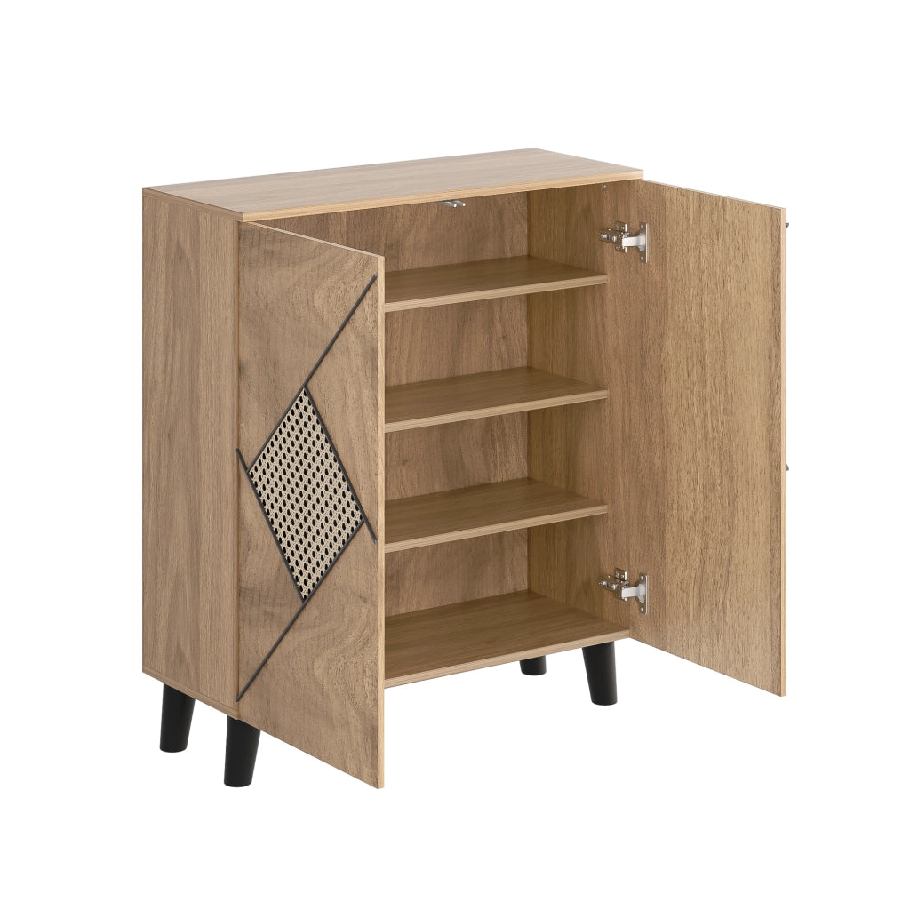 Scarpiera con 2 Ante; Motivo Decorativo Rattan; Contenitore Chiuso; Stile Moderno; in Pannello Truciolare; 80×31×91 cm; Legno