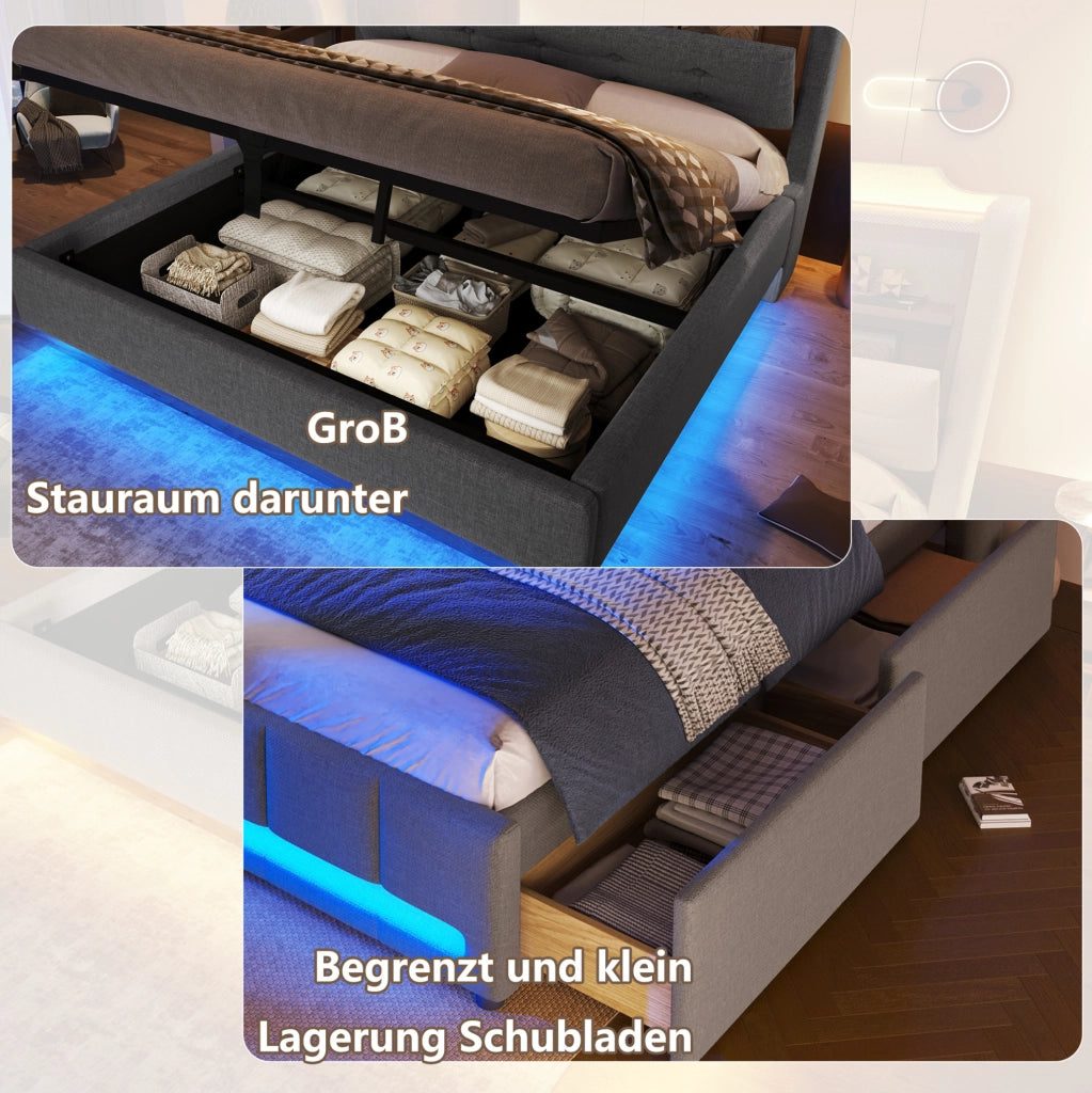 Letto imbottito 140x200 cm con LED; contenitore idraulico; USB e Type-C; lino e MDF; grigio