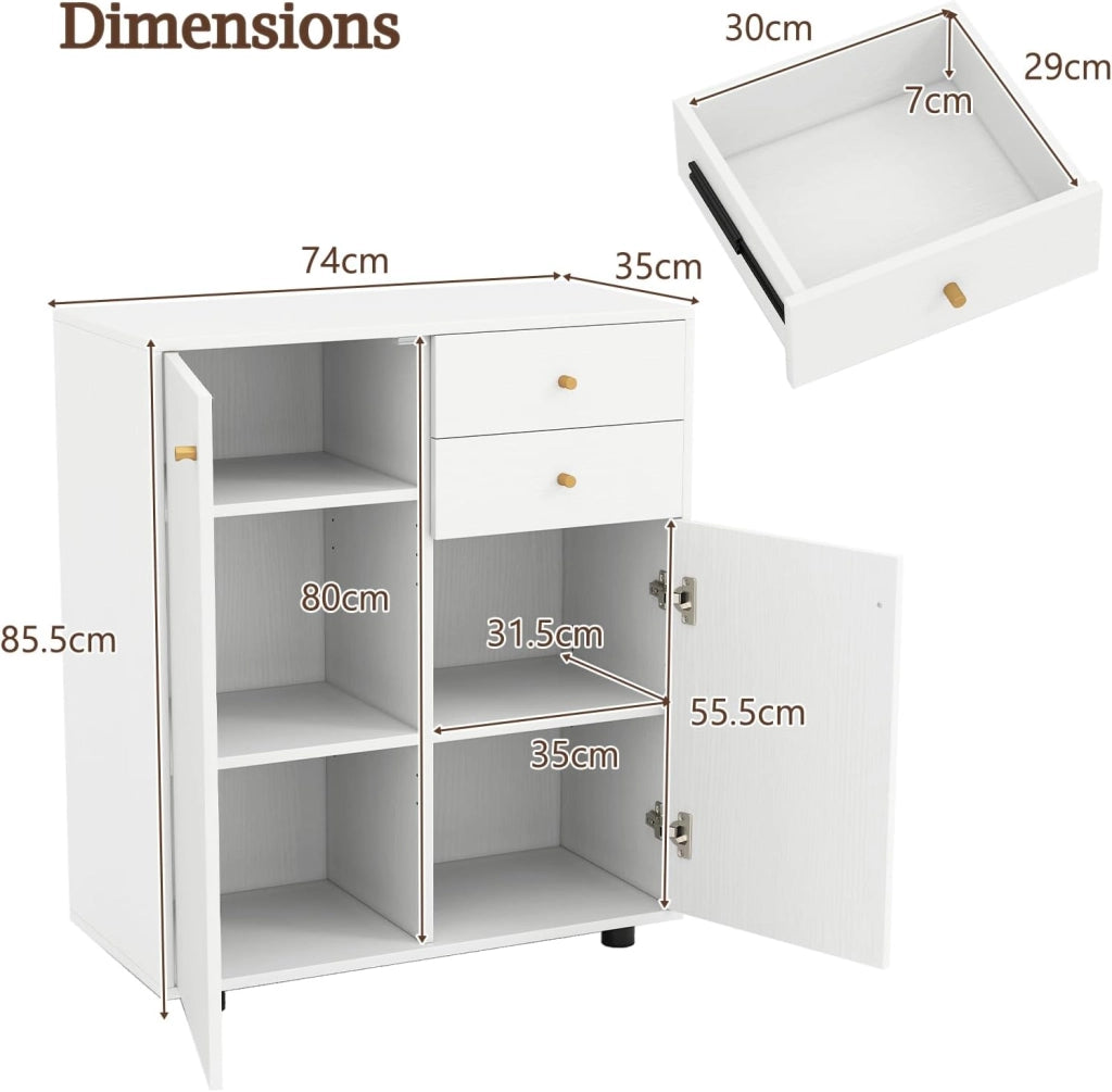 Mobile Dispensa con 2 Cassetti, Credenza da Cucina con 2 Ante, Mobiletto Basso con 3 Ripiani Regolabili, Armadio a Buffet per Sala da Pranzo, Soggiorno, 74x35x85,5 cm(L x P x A) (Bianco)
