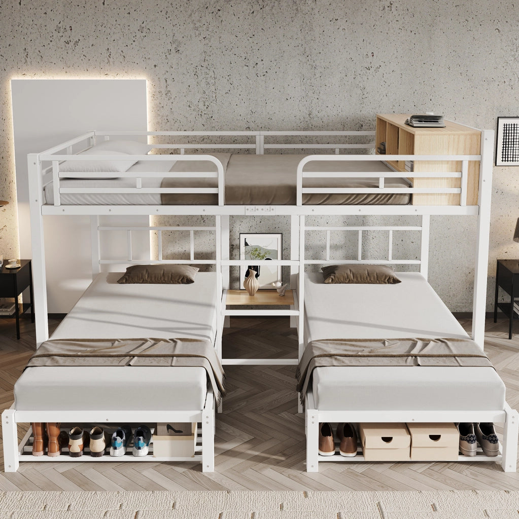 Letto a castello in metallo con 3 posti letto; 140x200 e 2x90x200 cm; bianco e naturale
