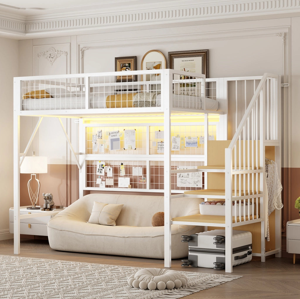 Letto a soppalco in metallo 90 x 200 cm con scala contenitore e LED controllabile tramite app; bianco