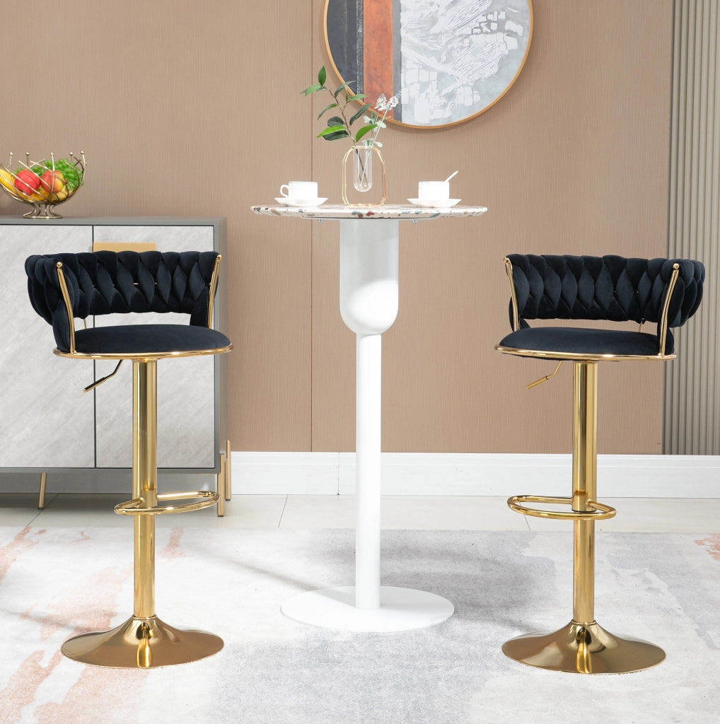 Sgabello da bar girevole 360° regolabile in altezza con schienale; velluto nero e base oro