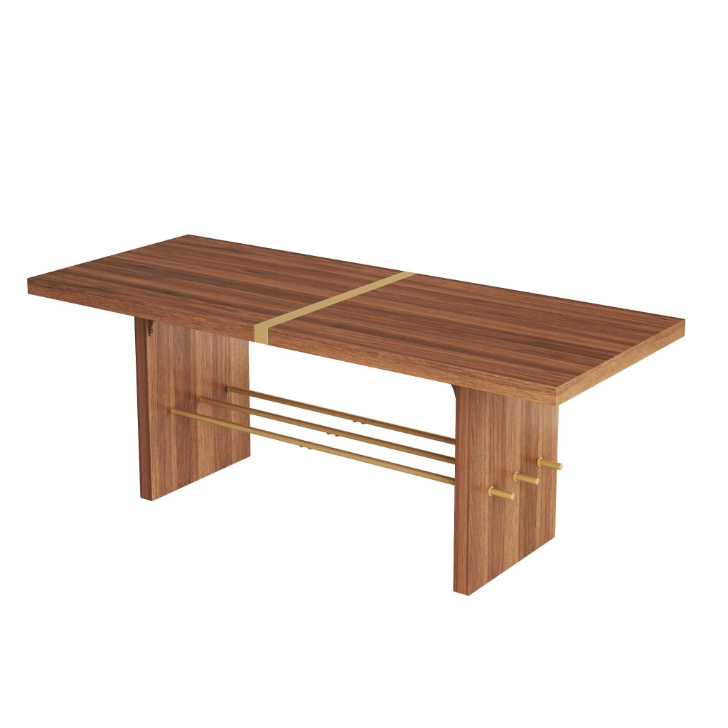 Tavolo da pranzo 180 × 75 cm in MDF, colore noce, per 6–8 persone, struttura stabile con traversa dorata