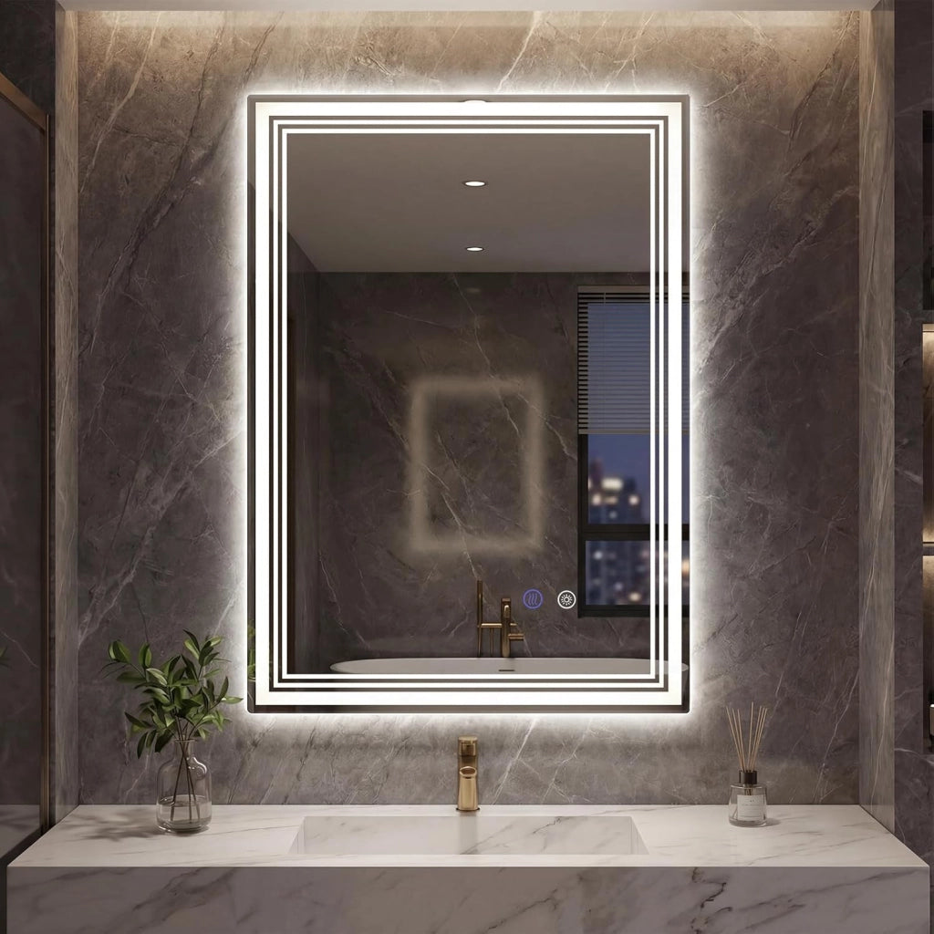 Specchio Bagno a LED Regolabile 70 x 50 cm, Specchio Rettangolare da Parete con Design Antiappannamento, Funzione Memoria, Controllo Touch, Vetro Temperato Infrangibile e Collegamento Fisso